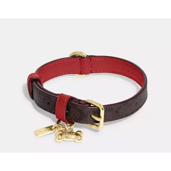 NEW Coach Signature Leather Pet Collar Small Dog Brown Black Red Bone Charm - Picture 2 of 3